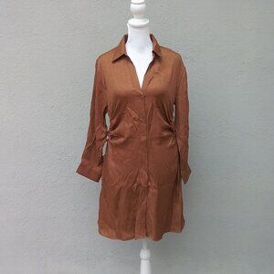 Zara Dress Women's Size Med Wrinkled Effect Soft Button-Down Front Brown NEW